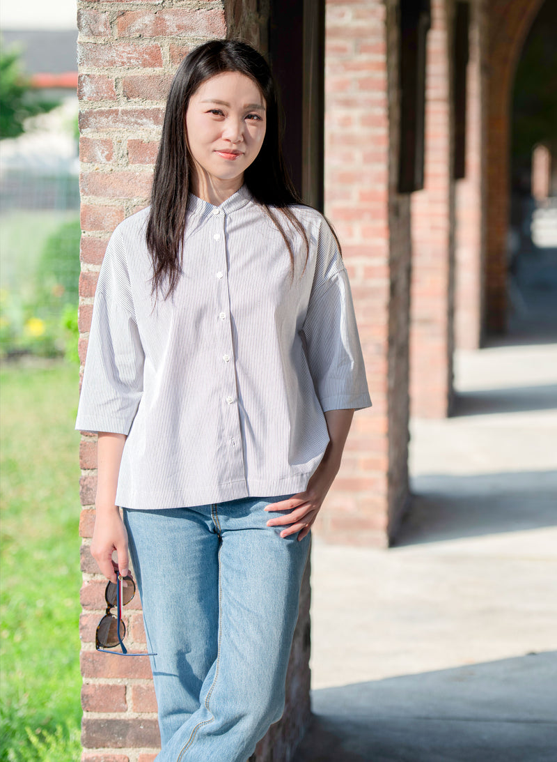 Women's Striped Print Cotton Blouse - 3/4 Length Sleeves